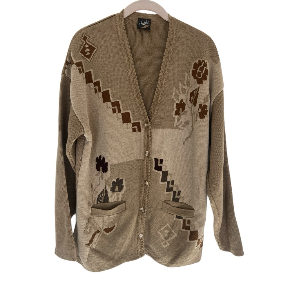 Vintage 50s 60s‎ Women's Tan Cardigan Size L Long Sleeves Geometric Floral Retro